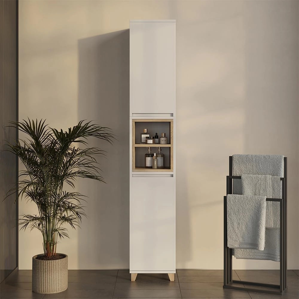 Armadio per il bagno Elnor, Bianco/quercia, 30 x 170 cm con 2 porte, per la conservazione di tessili da bagno e combinabile con Elnor