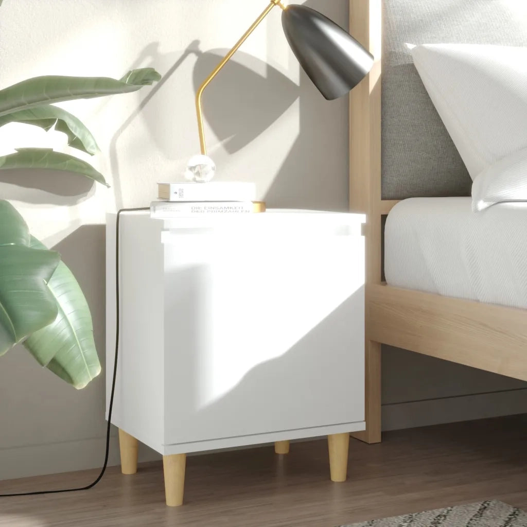 Comodino con Gambe in Legno-Tavolino da notte Massello Bianco 40x30x50 cm