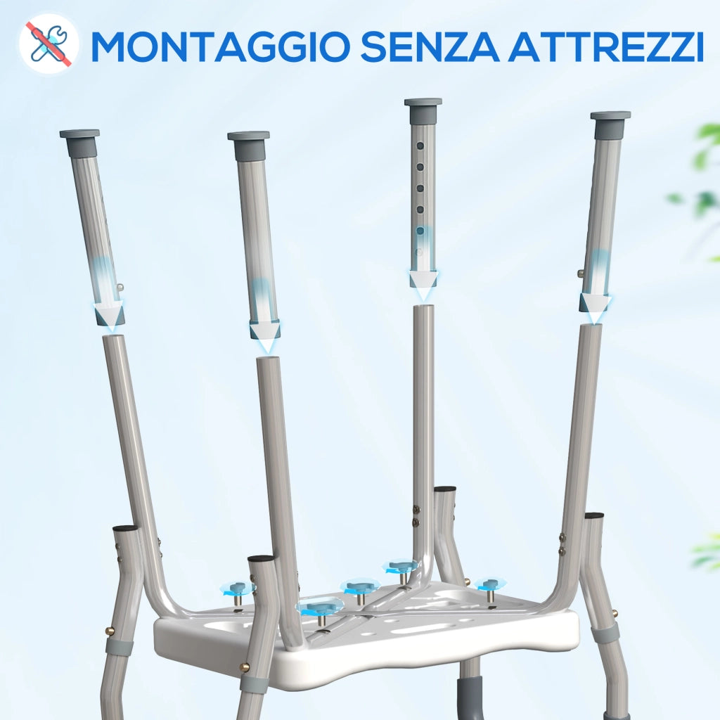 Sgabello per Doccia Regolabile con Braccioli e Fori di Drenaggio, in Alluminio, HDPE e EVA, 52x45x57-69 cm