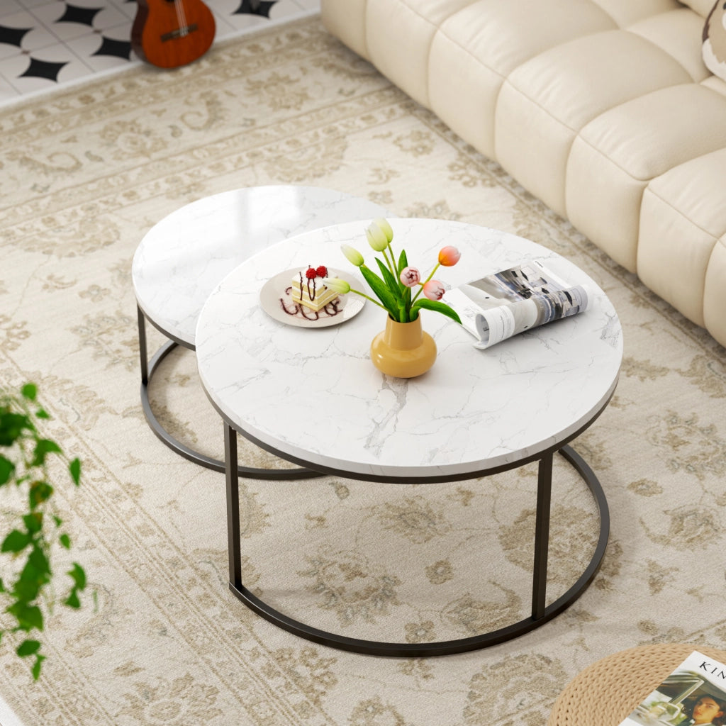 TAVOLINO DA CAFFÈ Set 2 Pezzi 80x45 cm Effetto Marmo Bianco con Struttura Nera