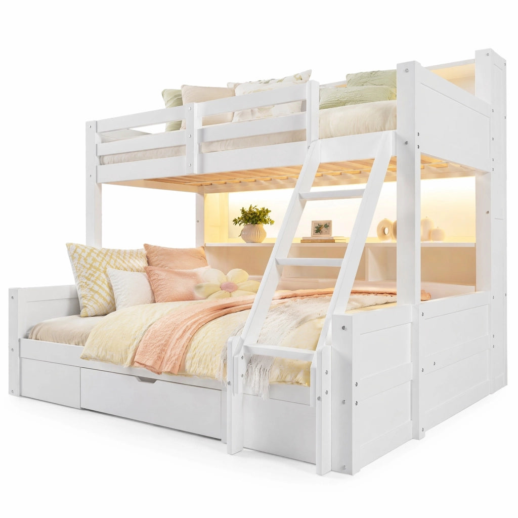 LETTO A CASTELLO 90x200 cm + 140x200 cm in legno bianco con LED