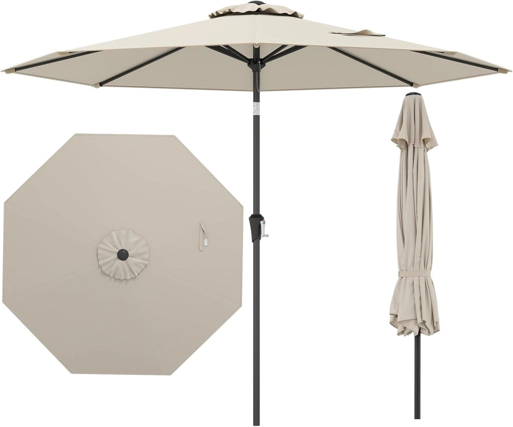 Ombrellone da Giardino 270 cm, Ombrellone da Esterno con Inclinazione Regolabile, Manovella, 8 Stecche, Tettuccio Ventilato, per Spiaggia, Bordo Piscina (Beige, 270 cm 8 Stecche)