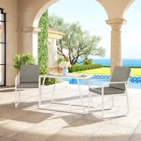 Set da Esterno 3 Pezzi con 2 Sedie con Braccioli e Cuscini e Tavolo con Piano in Vetro, Bianco