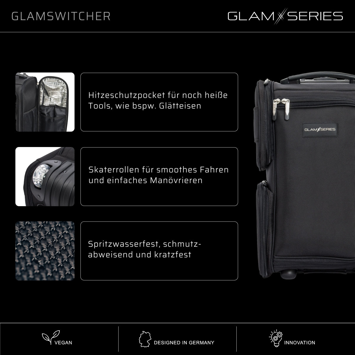 GlamSeries GlamSwitcher trolley e zaino in uno, valigia per trucco con 5 trousse, valigetta per make-up artist con scomparto con protezione termica, organizer per makeup artist, parrucchieri