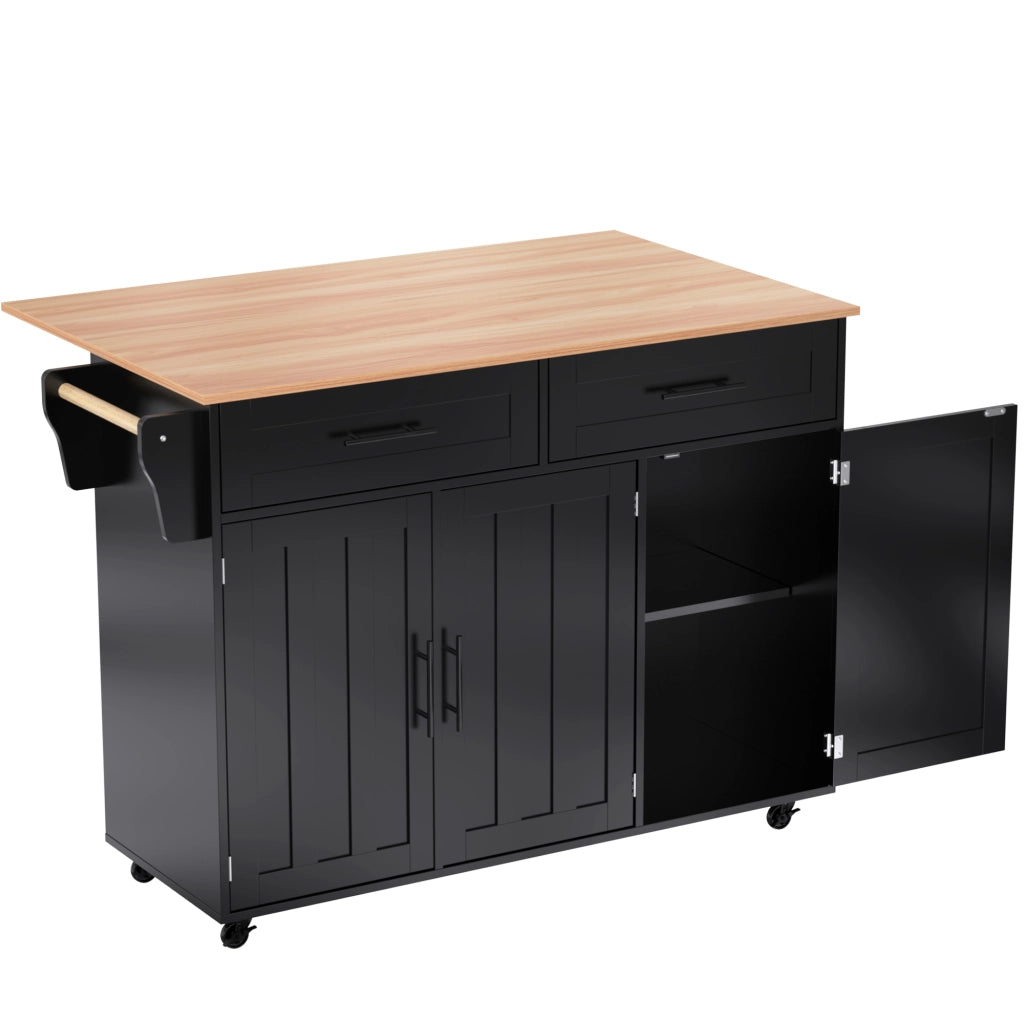 Carrello da cucina con 2 cassetti; 3 ante; piano ribaltabile; portaasciugamani e 5 ruote; in MDF; 129x46x91;5 cm