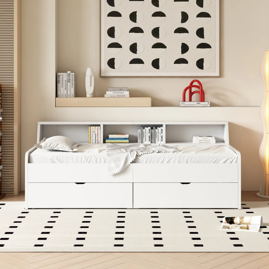 Letto da giorno 90x200 cm bianco con cassetti e vani laterali