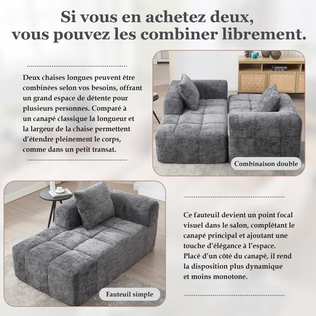 Chaise Longue Méridienne 1 Posto con Cuscino e Tasche Laterali Comfort Nuvola Seduta Ergonomica in Ciniglia Grigio