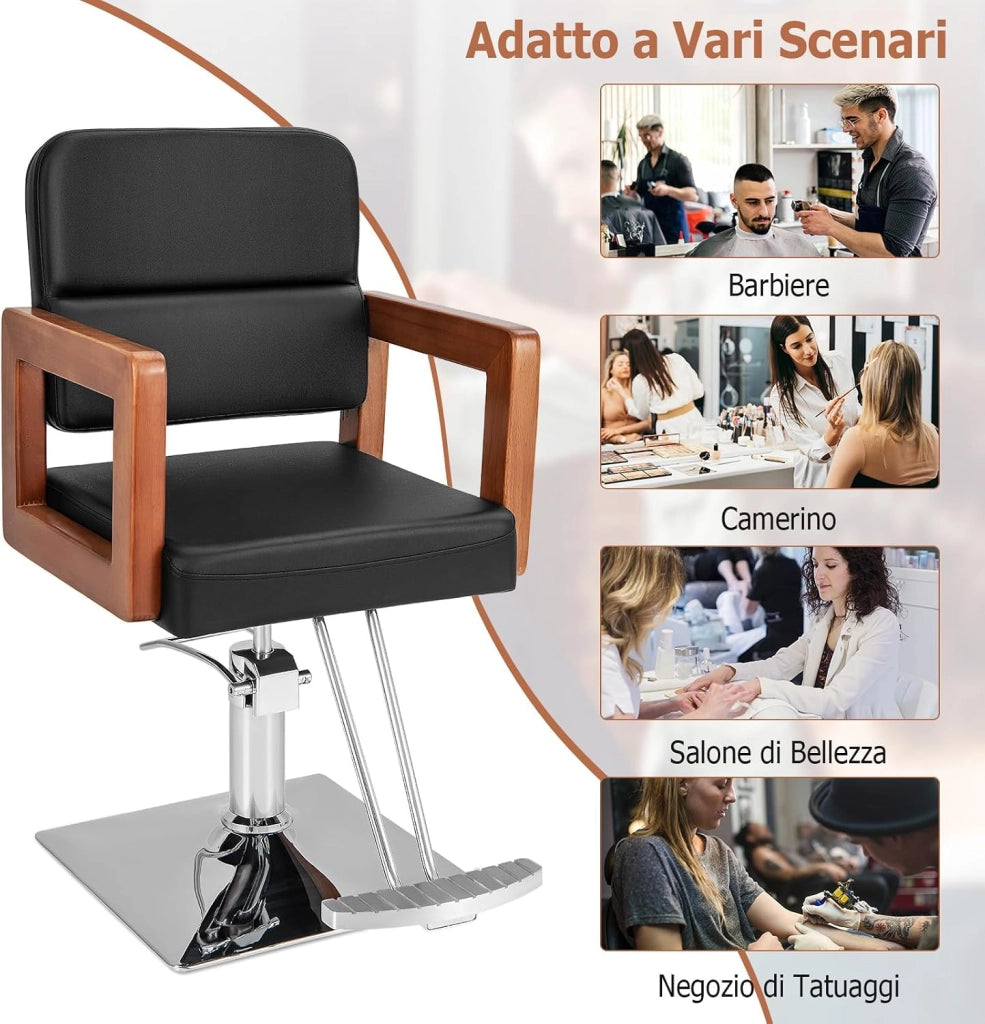 Poltrona da Barbiere, Sedia da Barbiere Girevole a 360°, Regolabile in Altezza 50-65 cm, con Braccioli in Legno Massello, Portata 250 kg