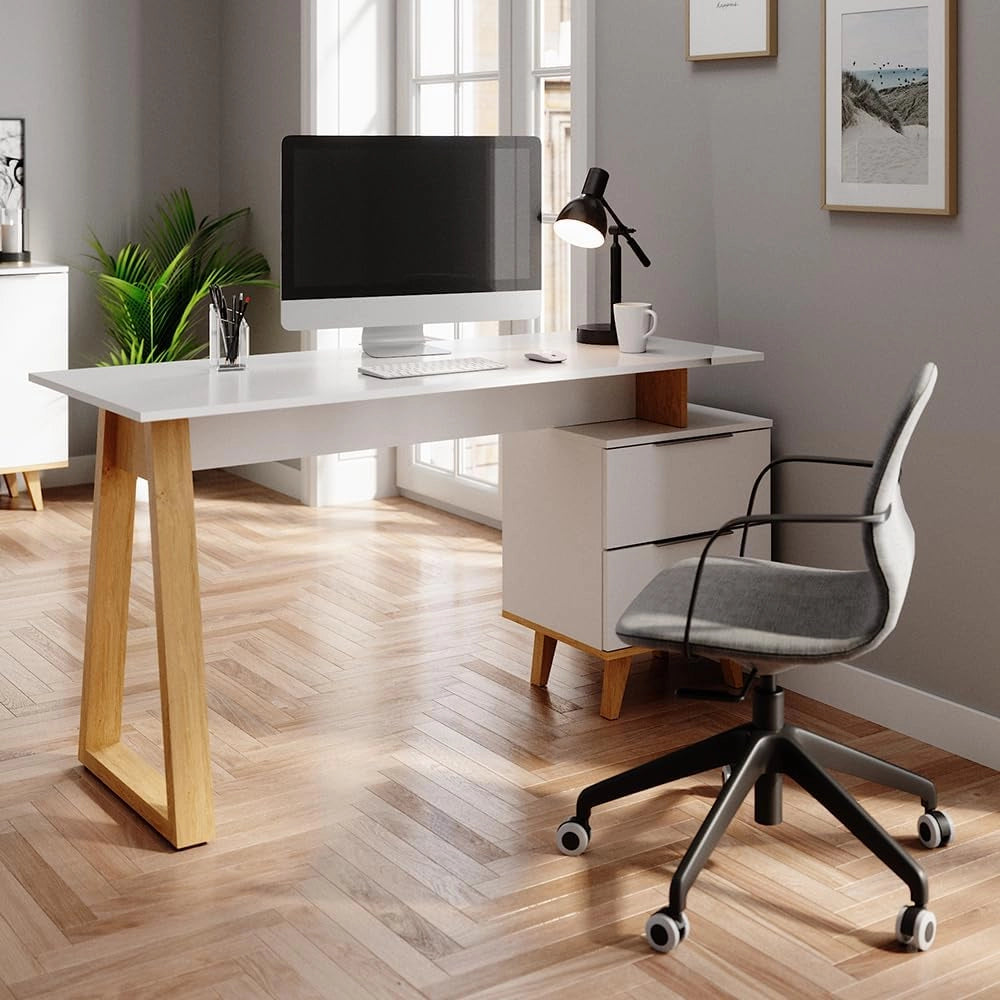 Scrivania Nautica, Bianco, 138 x 60 cm con cassetti L, adatto per postazioni di lavoro al computer e uso in home office