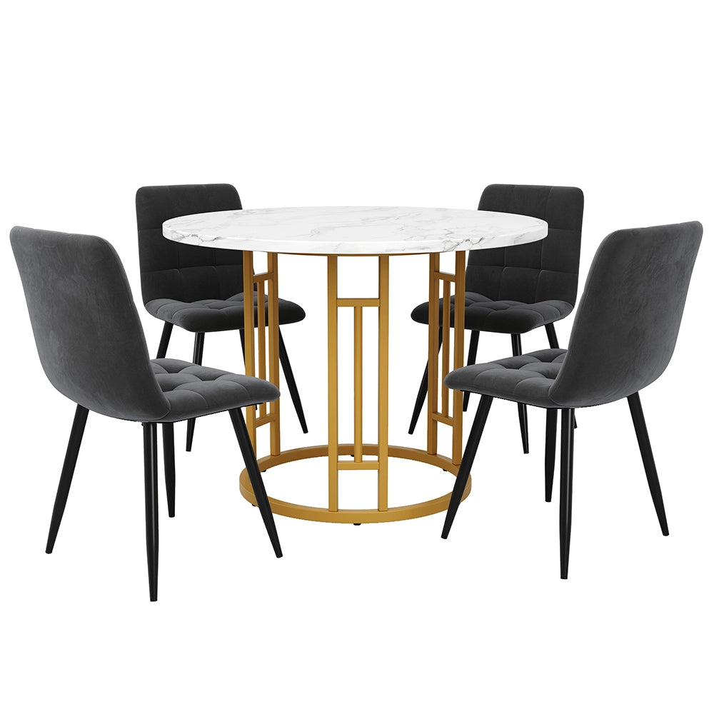Set tavolo-Xylo-80cm rotondo 4 sedie grigio piedi dorati piano marmorizzato