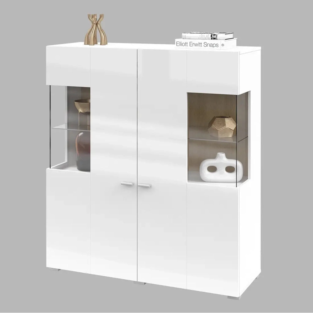 Credenza alta collezione KOBEE con 2 porte in vetro e LED integrato. Colore bianco e rovere.
