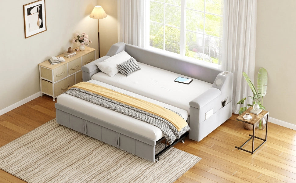 Letto divano trasformabile con altoparlanti bluetooth e rete a doghe velluto grigio 90x190 cm