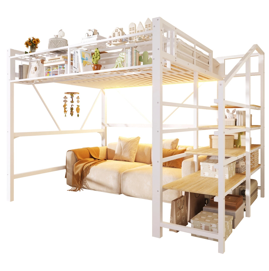 Hochbett 251.5x163x170 cm con illuminazione LED; scaffale a gradini e cestello; MDF e metallo; bianco