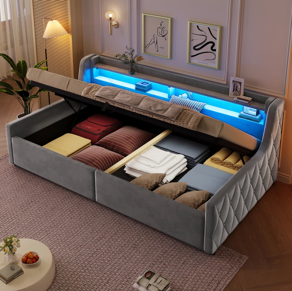 Letto 90x200 cm con contenitore e LED in flanella grigio