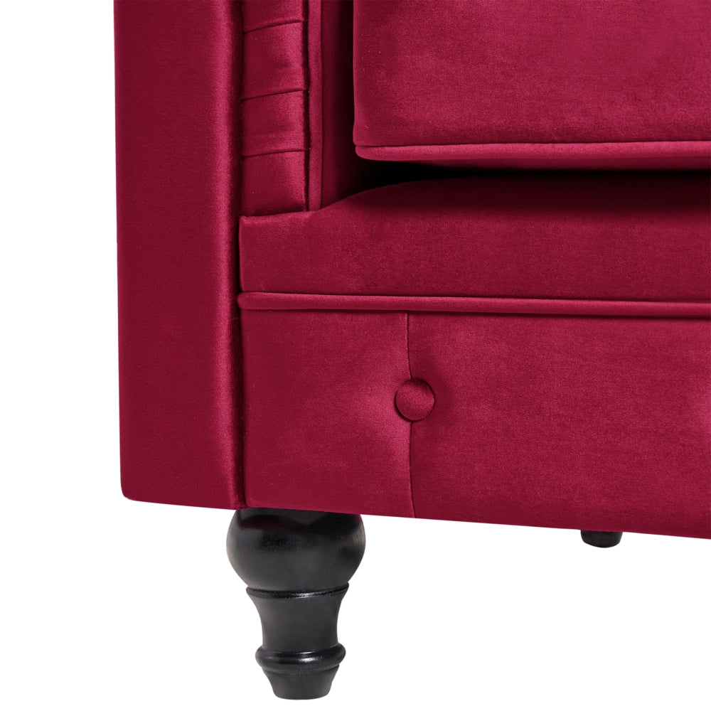 Poltrona Chesterfield Tessuto Velluto Rosso Scuro Rivestimento Gambe Legno Scuro Contemporaneo