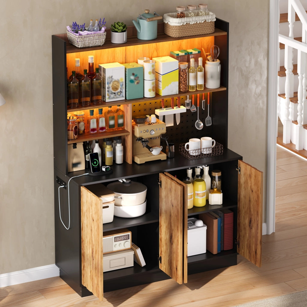 Mobile da cucina con LED RGB e prese integrate; 120x43x160 cm; MDF naturale e nero