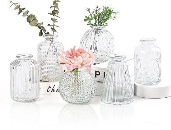 Vasi di vetro miniatura EylKoi - 6 pezzi/set, trasparenti, diverse forme, vasi per matrimoni, decorazione da tavola, mini, piccoli, per uso domestico, tavola per eventi, 1# + 2#