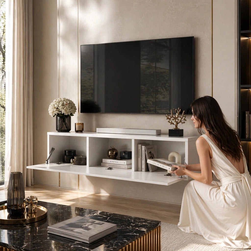 Mobile TV Sospeso Design Minimal Con 3 Vani Contenitore Anta A Ribalta Reversibile Frontale Lucido In Melaminico Per Soggiorno Salotto Zona Living 160 X 34 X 40 Cm Bianco