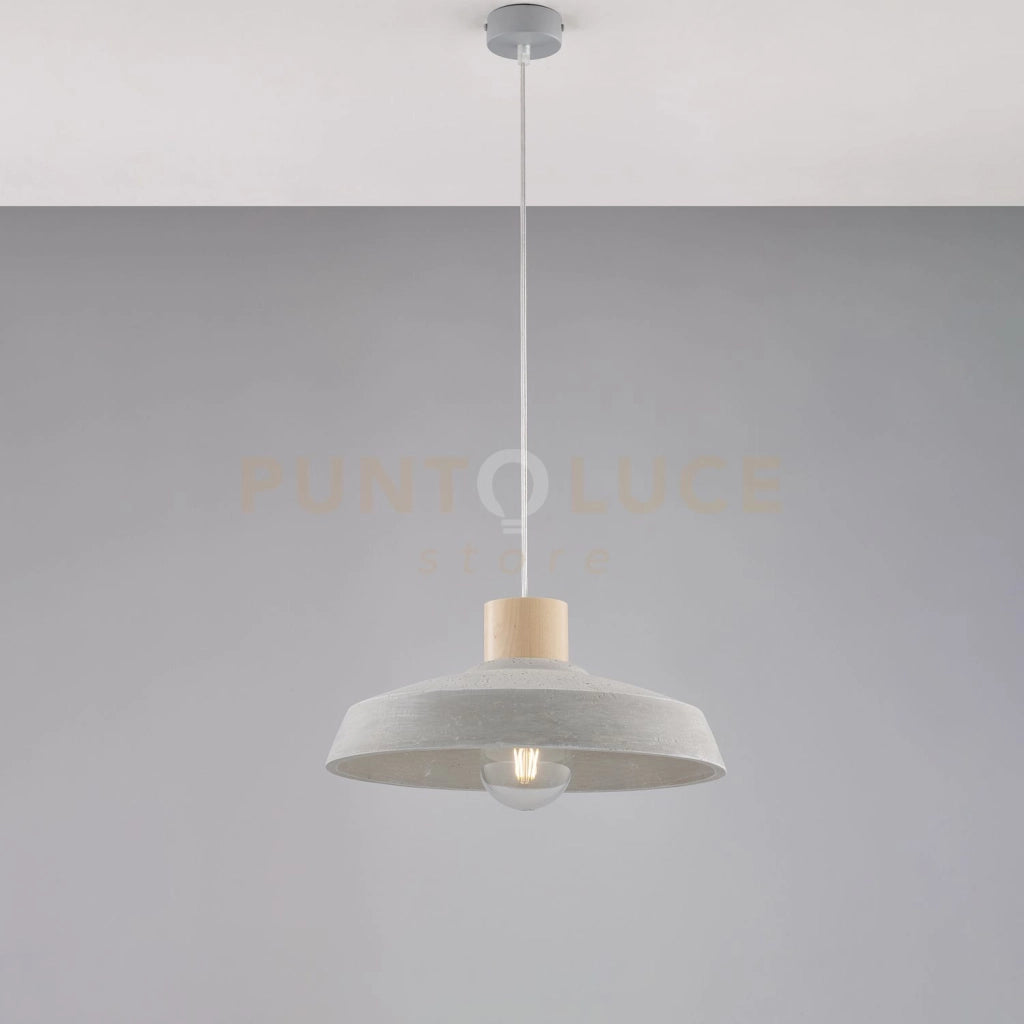 Sospensione in ferro laccato grigio con diffusore in cemento diametro 40 e legno con cavo elettrico regolabile 1 luce