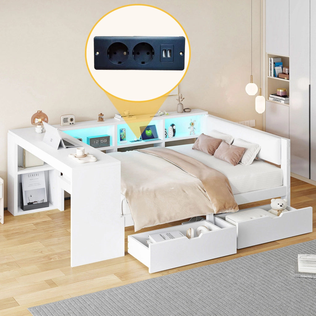 Letto a piattaforma 140x200 cm con testiera imbottita; scaffali; 2 cassetti; USB e LED; bianco
