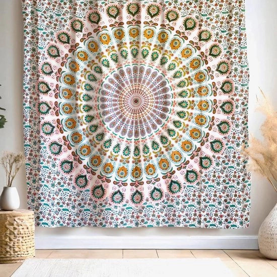 Tessuto Mandala - multifunzionale, colorato, 100% cotone - ideale come tessuto da parete, estetico, tenda da parete, boho, stamato indiano da tessuto o da parete - bianco e salmone, 210x230 cm