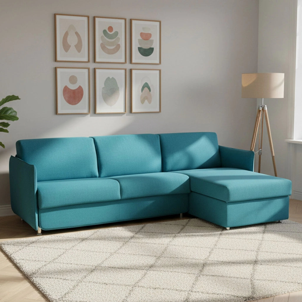 Scordia, Divano Letto con Penisola Sfoderabile Made in Italy, 260x160 cm Azzurro