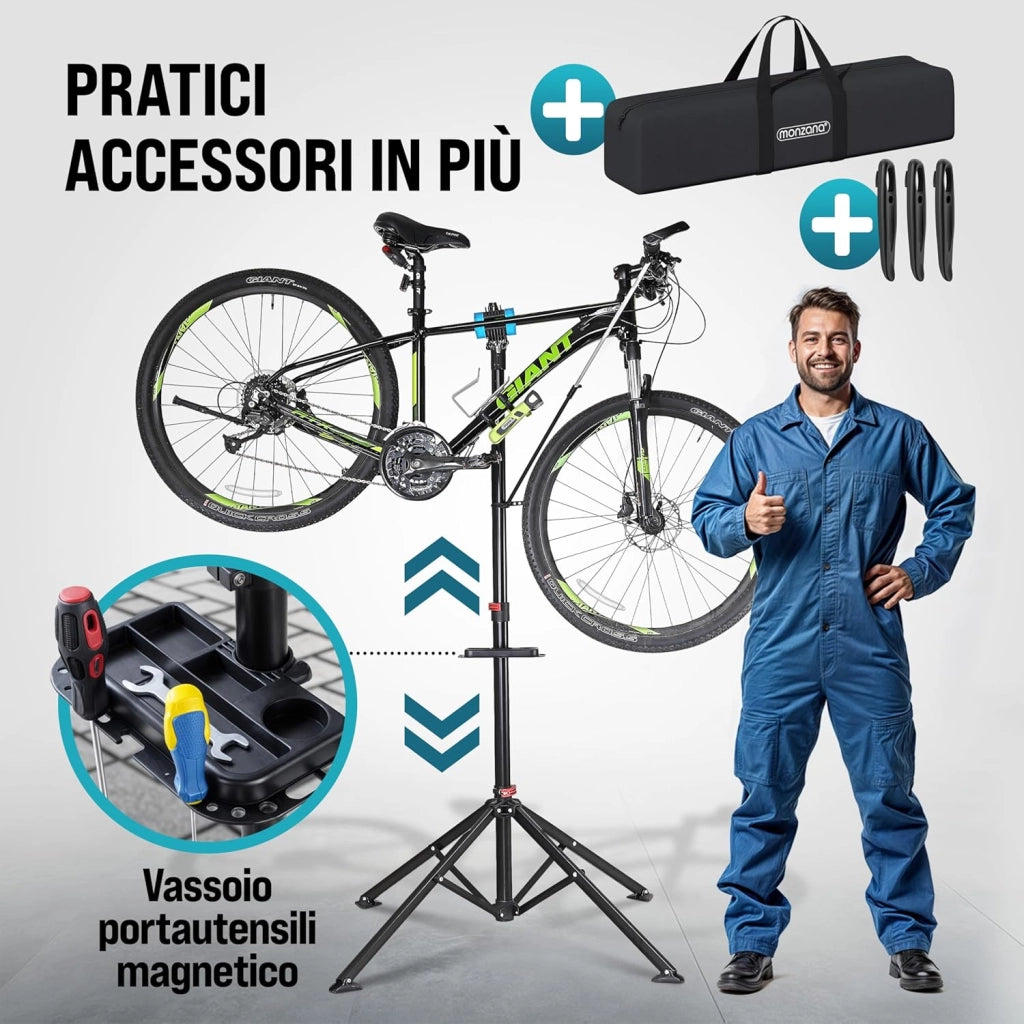 ® Cavalletto Biciclette Max 30 Kg con Borsa per Trasporto Pieghevole Pieghevole Asta Regolabile Ripiano Attrezzi Riparazioni E-Bike