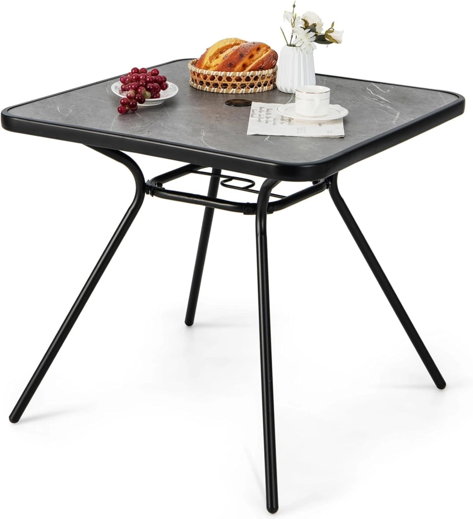 Tavolino con foro per ombrellone, tavolo da giardino 80 x 80 cm, per 4 persone, tavolo da balcone con piano in marmo artificiale, tavolo da bistrot fino a 100 kg, tavolo da pranzo per