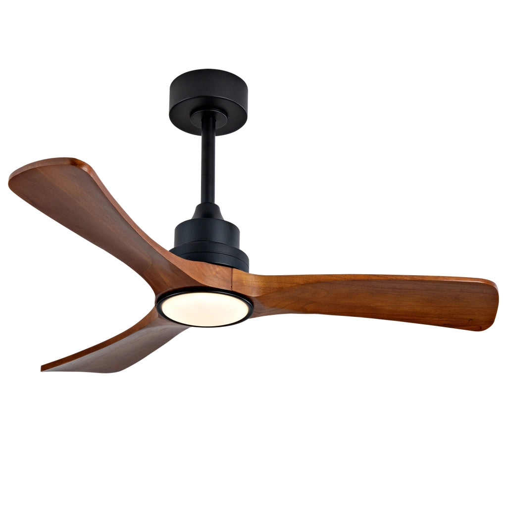 Ventilatore da soffitto con luce LED; pale in legno massello e doppio comando; nero e noce scuro