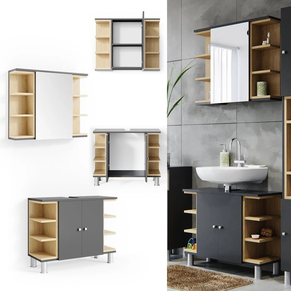 Set mobili bagno Aquis, Antracite, 79.6 cm, composto da specchio da bagno e mobile sottolavabo