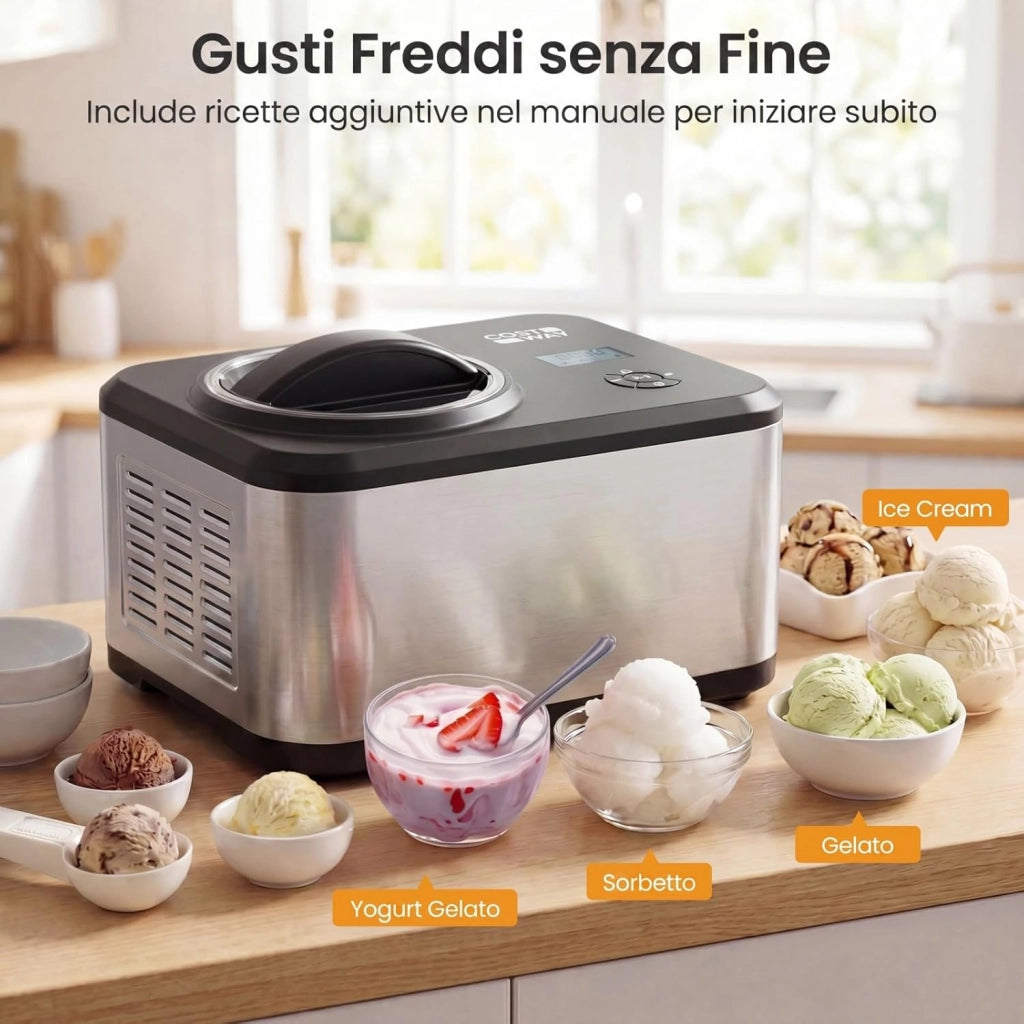 Gelatiera con Compressore 1,5 L, Macchina del Gelato con 4 Modalità, Display LED, Timer 24 Ore e Ciotola Rimovibile, Gelatiera Autorefrigerante in Acciaio Inox per Gelato, Yogurt e Sorbetto