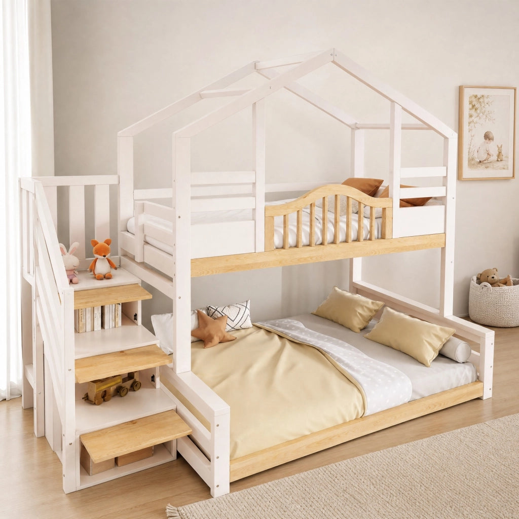 LETTO A CASTELLO 90x200/140x200 cm Bianco e Legno con scala-armadio