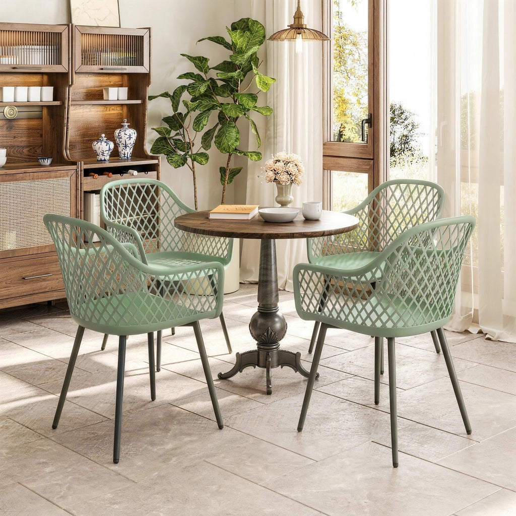 Set 4 Sedie da Giardino 56x51x84 cm con Schienale Diamantato e Braccioli in Metallo e PP Verde
