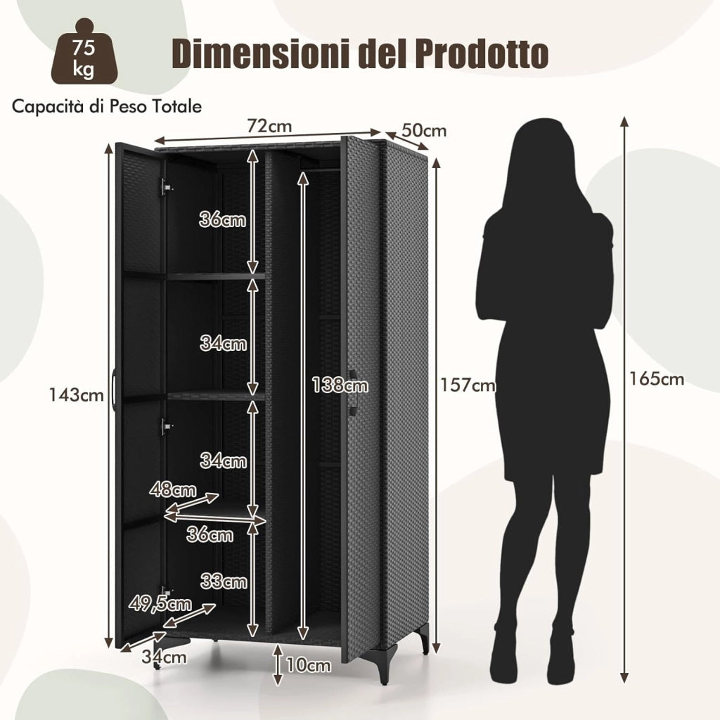 Armadio in Vimini con 2 Ante, Armadio Guardaroba in Rattan PE con Asta Appendiabiti e 4 Cubi di Stoccaggio, per Soggiorno, Camera da Letto e Patio, 72 x 50 x 157 cm (Nero)