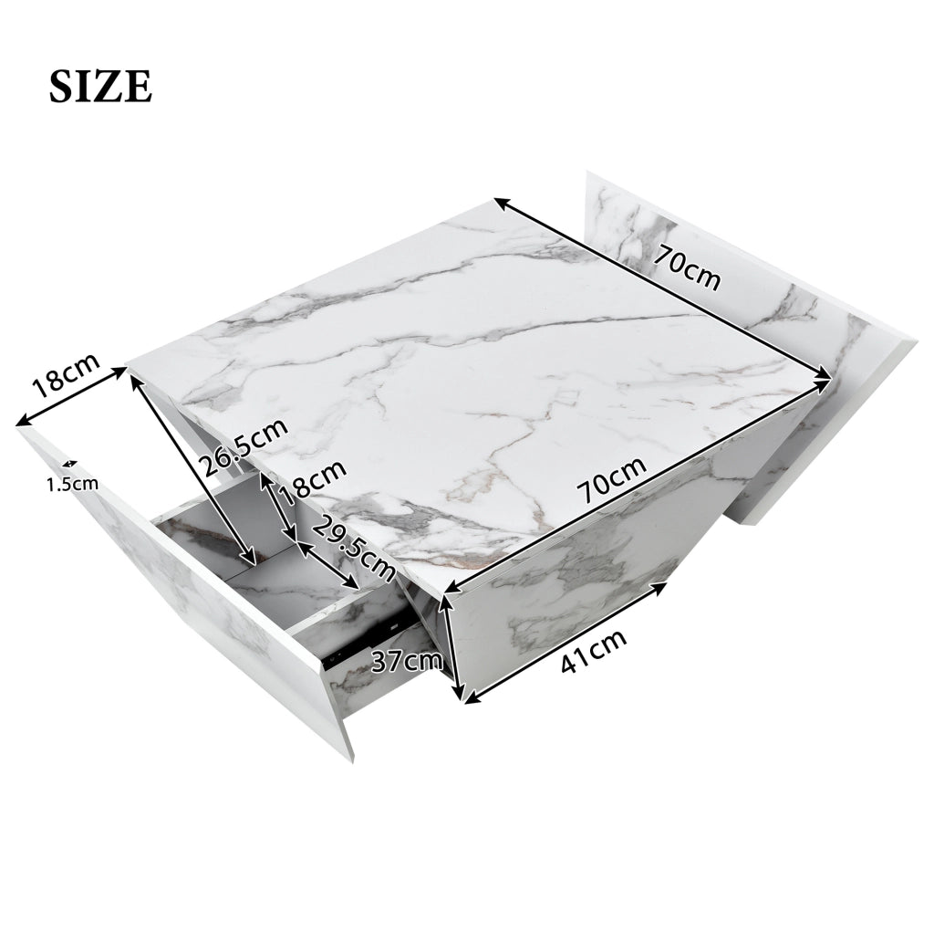Tavolino da caff猫 70x70x37 cm; design trapezoidale con 2 cassetti; MDF bianco