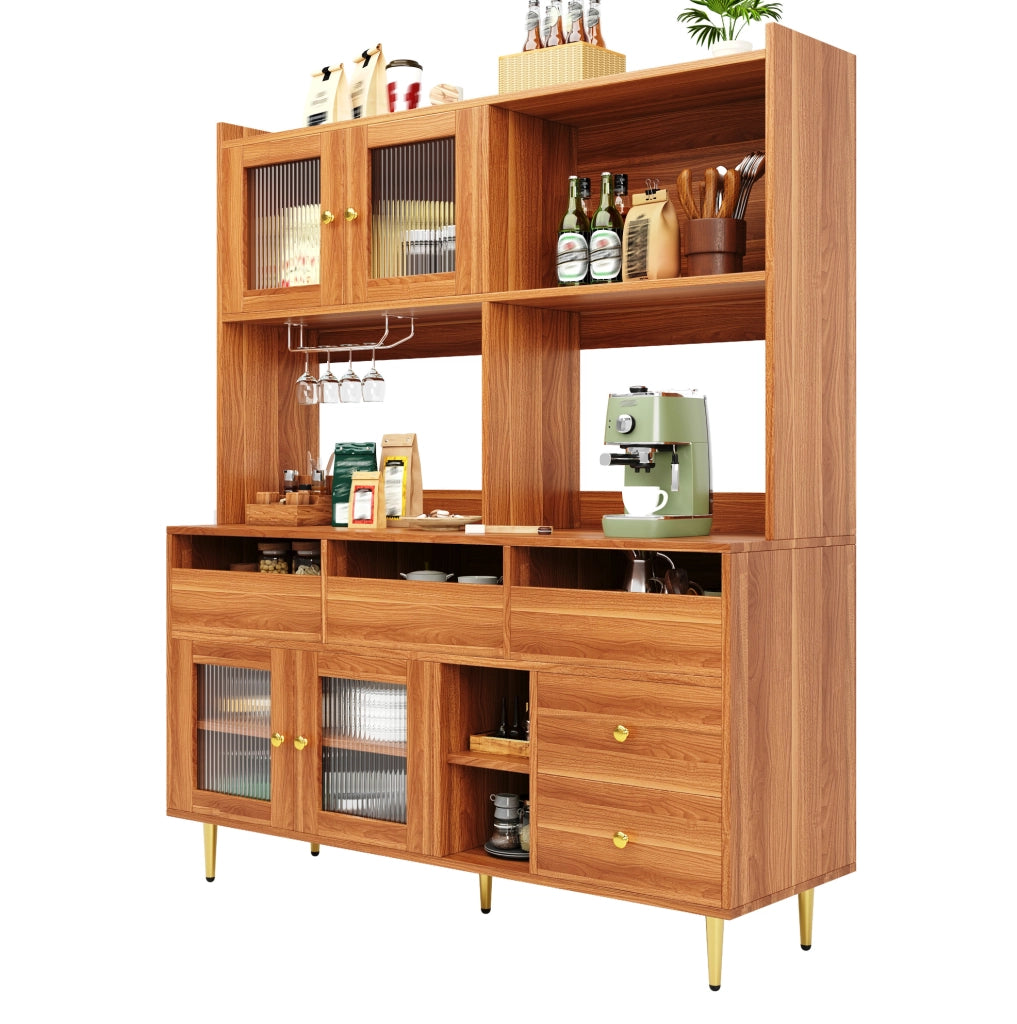 Credenza alta 145x39x171 cm con porta in vetro e portabottiglie in MDF marrone noce