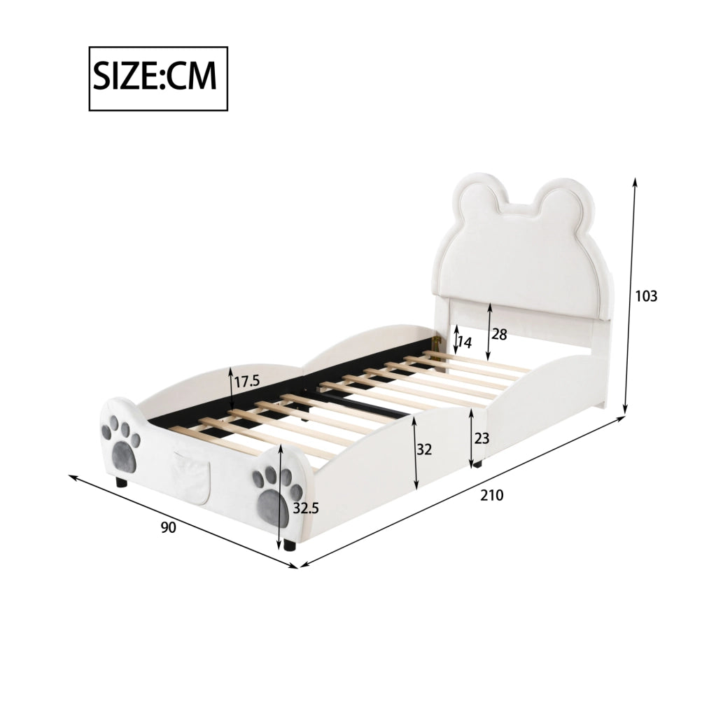 Letto imbottito per bambini 90x200 cm a forma di orso; velluto; bianco