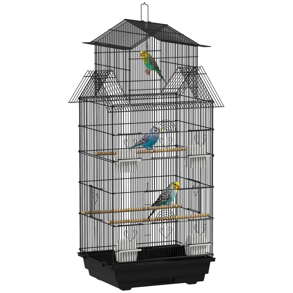 Gabbia per Uccelli con Altalena ¨C Xylo ¨C 4 Mangiatoie 3 Trespoli 50,5x41x104cm Acciaio Nero
