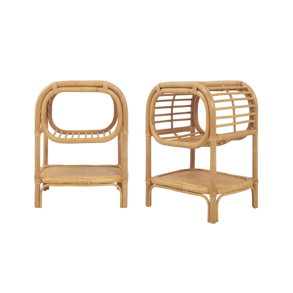 Set di 2 comodini in rattan naturale curvato, 1 vano, marrone naturale