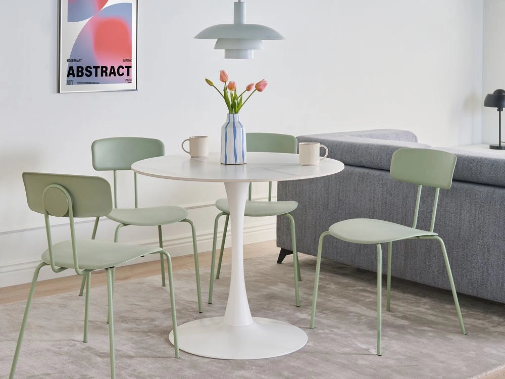 Tavolo da pranzo rotondo Piano in pietra sinterizzata effetto marmo bianco ø 90 cm Base in metallo 4 posti Cucina