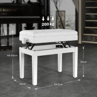 Sgabello Pianoforte Regolabile con Vano Portaoggetti e Seduta Imbottita, 54.5x33x48-58 cm, Bianco