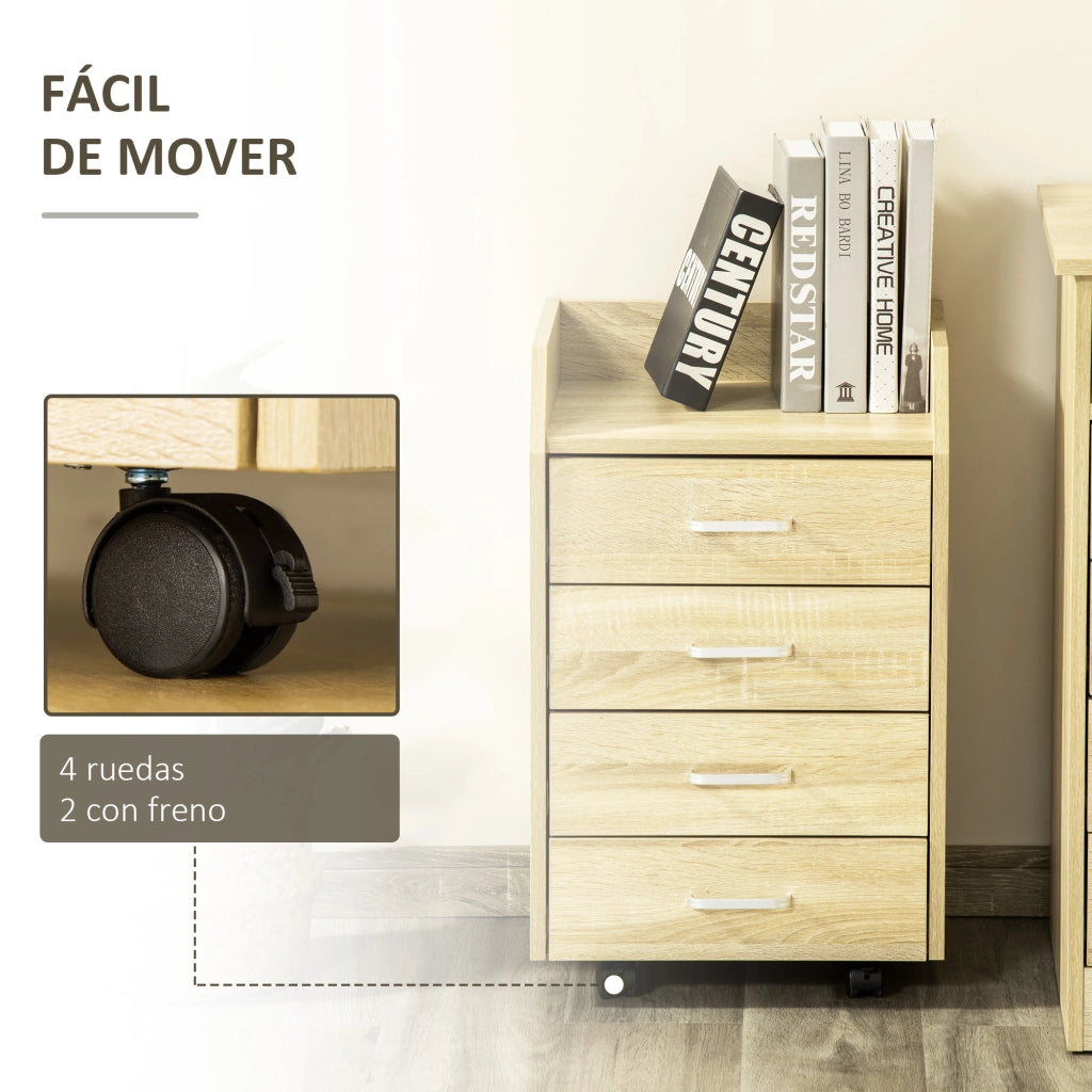 Cassettiera ufficio con 4 cassetti e ruote ¨C Xylo ¨C legno naturale 40x36x65 cm