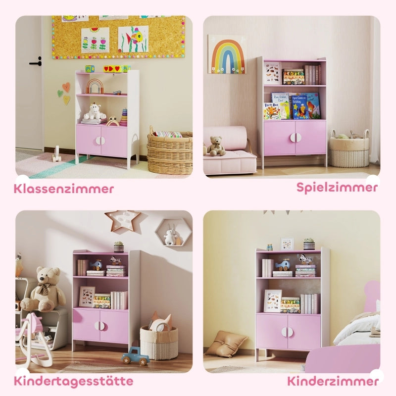Libreria per bambini, 2 ripiani, 2 ante, autoportante, design antiribaltamento, piedini antiscivolo, MDF, rosa+bianco