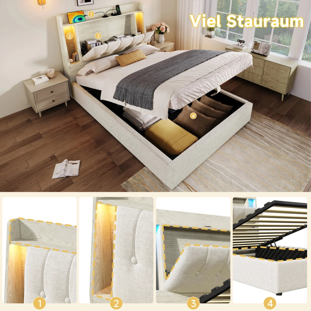 Letto imbottito 90x200 cm con USB e Type-C; contenitore ribaltabile; LED; beige