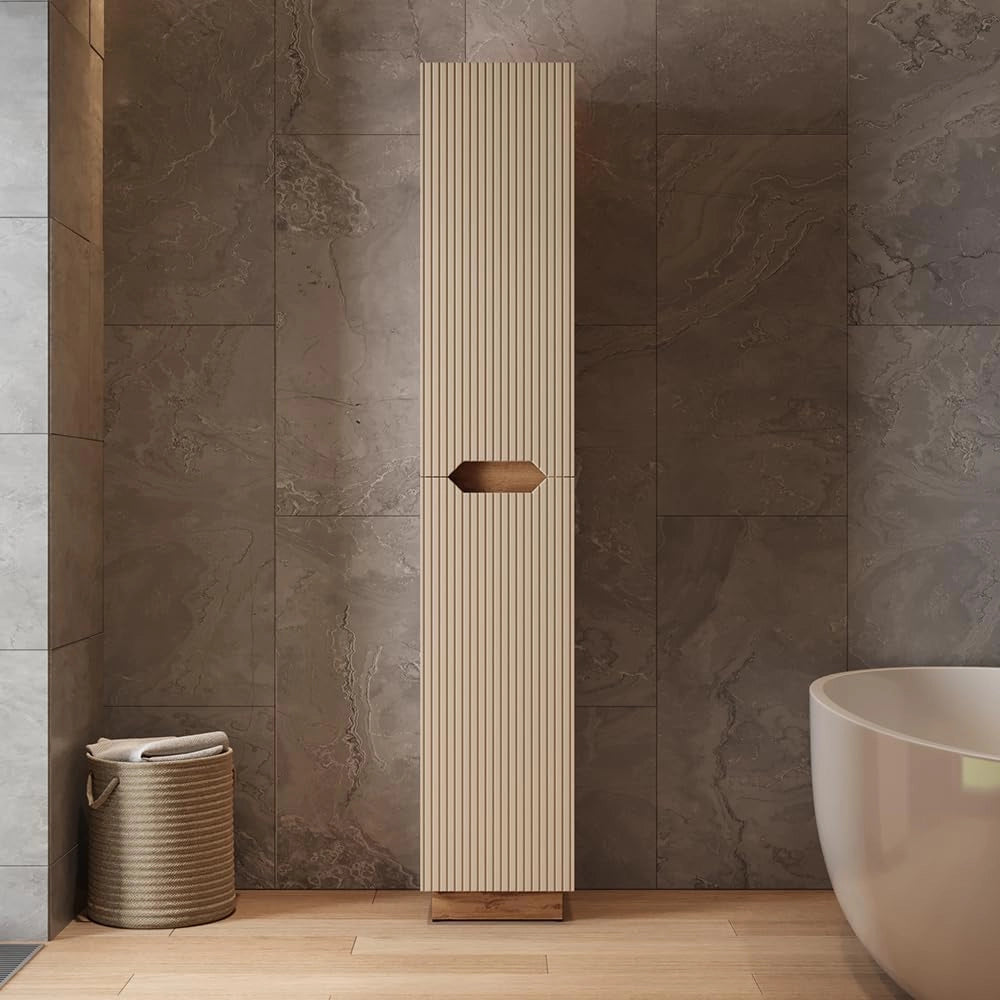 Armadio per il bagno Lotta, Cachemire, 33 x 186 cm con 2 porte, per la conservazione di accessori da bagno e prodotti per la cura