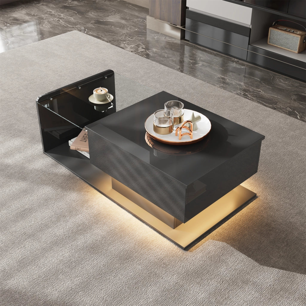 Tavolino da caffè 100x50x33 e 47.5 cm; piano sollevabile con luci LED; pannello truciolare nero