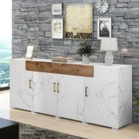 Credenza Moderna in Marmo e Rovere, 4 Ante e 2 Cassetti, per Soggiorno e Cucina, 208x39.5x80 cm, Bianco