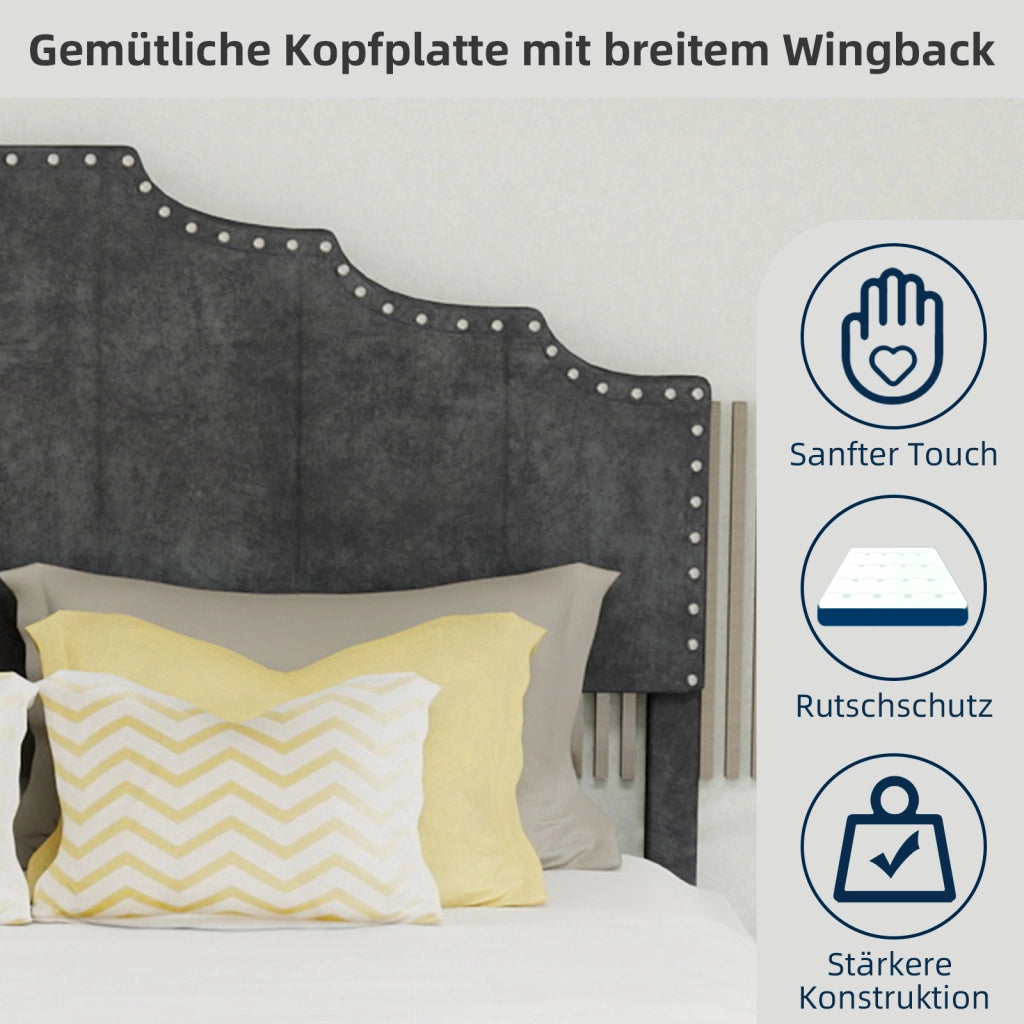 Letto Matrimoniale 140x200 cm; Letto Contenitore; Testiera Geometrica e in Tessuto Grigio