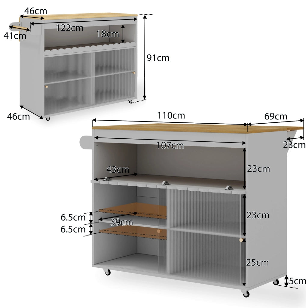 Carrello cucina 122x46(69)x91 cm con piano pieghevole e ante scorrevoli in vetro temperato; MDF grigio