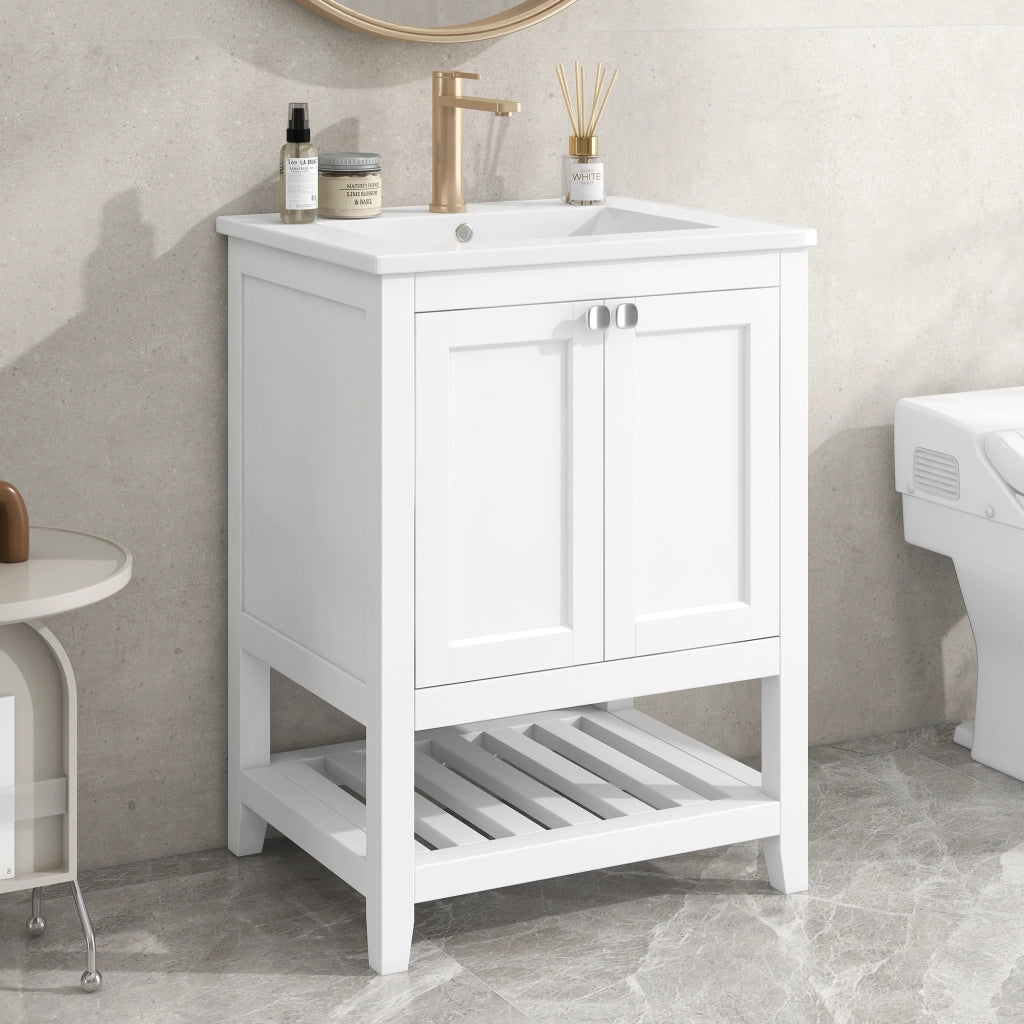 Mobile da bagno con lavabo in ceramica; 1 anta; per bagno; bianco; 60 cm